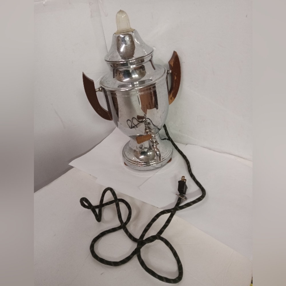 Vintage 6 Pc Coffee Pot Electric Percolating Chrome & Wood Handles 8 cups